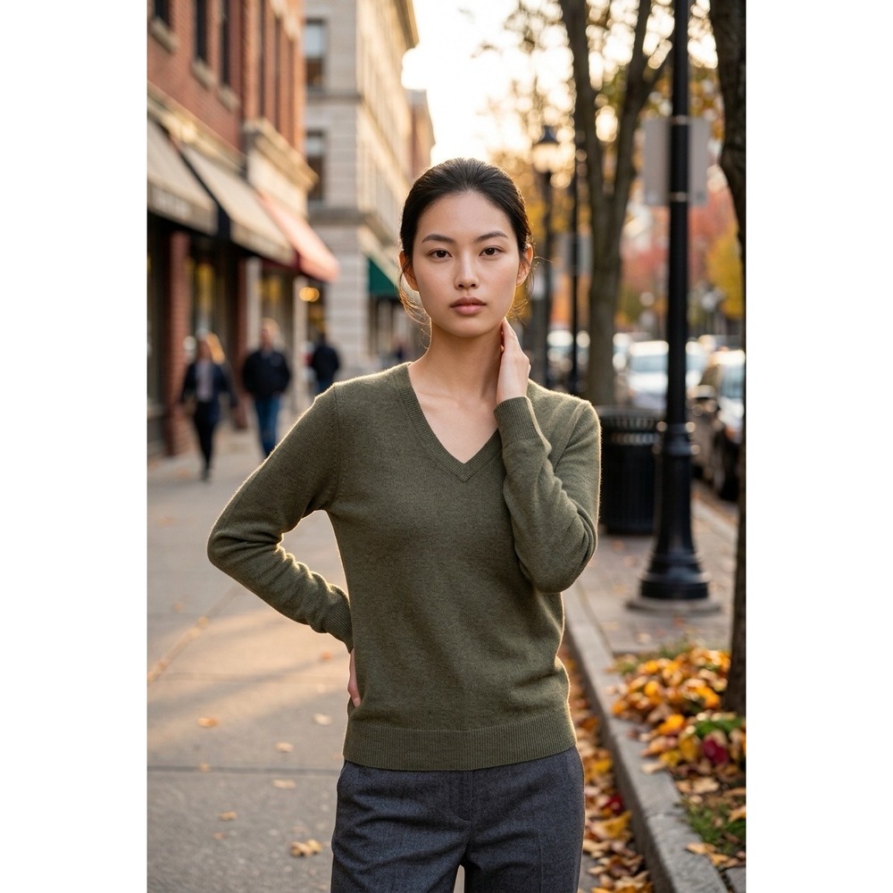C by Bloomingdales Cashmere Sweater Women's Small Olive Green V-Neck 2-Ply Knit